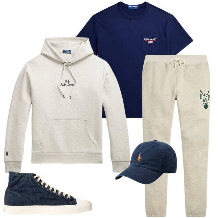 Outfit uomo - Giorno libero. Stile Casual per Sport. Abbinamento con sneakers, cappelli, t-shirt, pantaloni, felpe con cappuccio.
