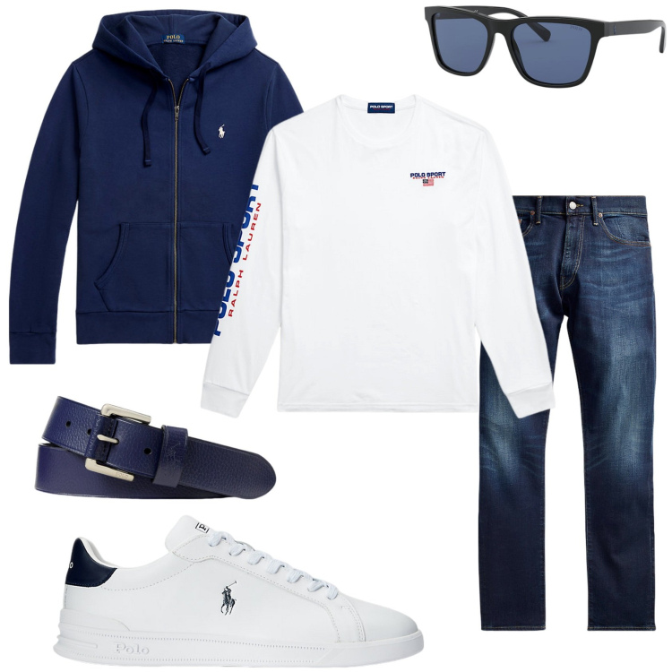Outfit uomo - Sportivo in felpa. Stile Casual per Tutti i giorni. Abbinamento con sneakers, jeans, occhiali da sole, t-shirt, felpe con cappuccio, cinture.