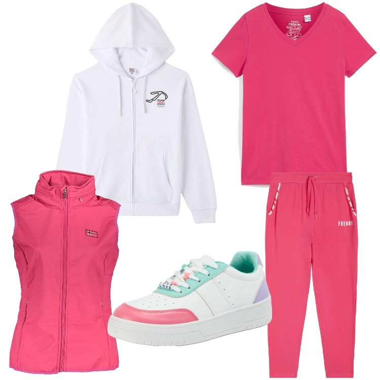 Outfit donna - Sportivissima. Stile Basic per Sport. Abbinamento con t-shirt, felpe con cappuccio, sneakers, pantaloni sportivi, blazer.
