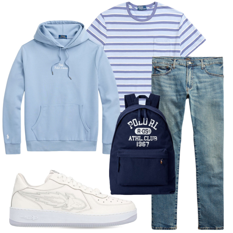Outfit uomo - Ritorno in classe. Stile Casual per Tutti i giorni. Abbinamento con jeans, felpe con cappuccio, t-shirt, borse sportive, sneakers.