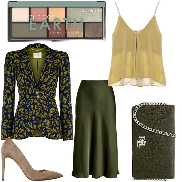 Outfit donna - La prima a teatro. Stile Chic per Serata fuori. Abbinamento con ombretti, blazer, gonne, borse a mano, décolleté, canottiere.