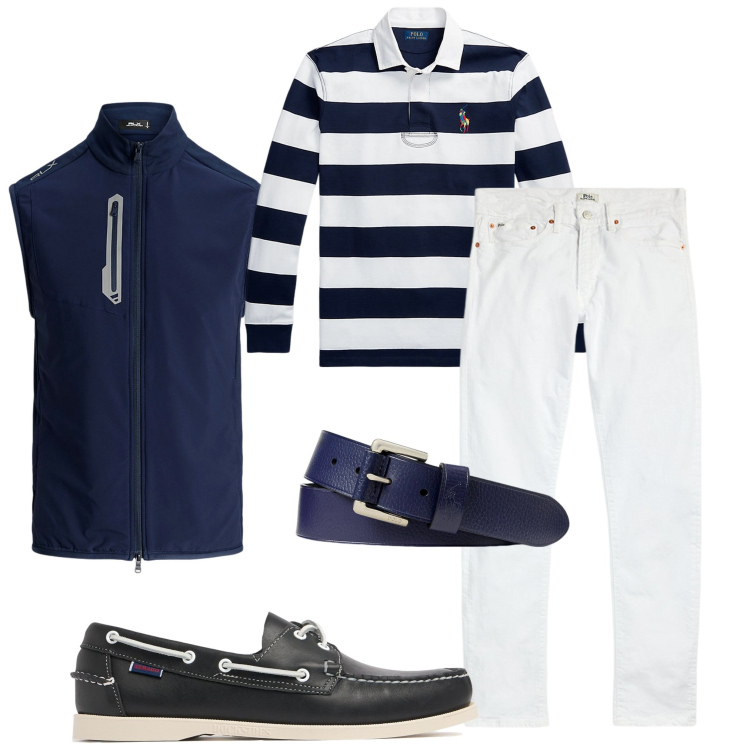 Outfit uomo - Giro in barca. Stile Casual per Mare. Abbinamento con jeans, maglieria, cinture, gilet, scarpe stringate.