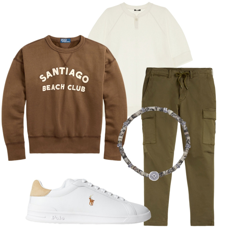 Outfit uomo - Serata con amici. Stile Casual per Serata speciale. Abbinamento con braccialetti, t-shirt, sneakers, felpe, pantaloni cargo.