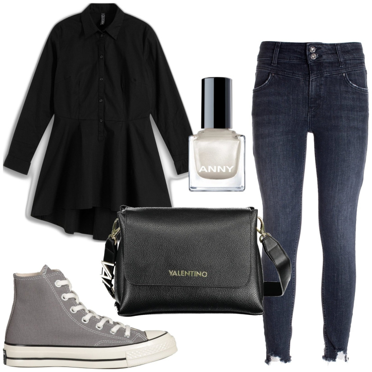 Outfit donna - Ritorno tra i banchi. Stile Casual chic per Scuola/Università. Abbinamento con camicie, sneakers alte, smalti, jeans skinny, borse a spalla.
