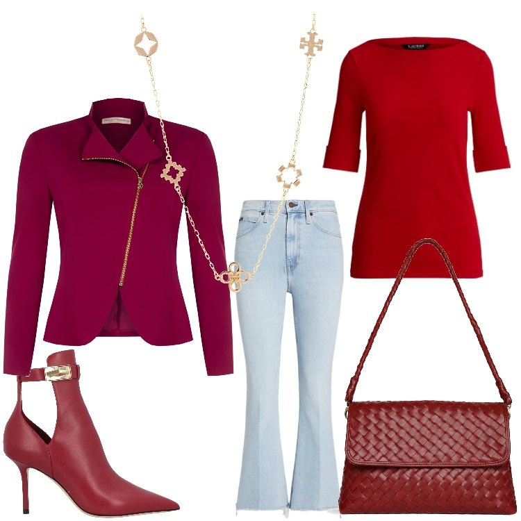 Outfit donna - Jeans e tacchi. Stile Casual chic per Serata fuori. Abbinamento con stivaletti, blazer, t-shirt, jeans, borse a tracolla, collane.