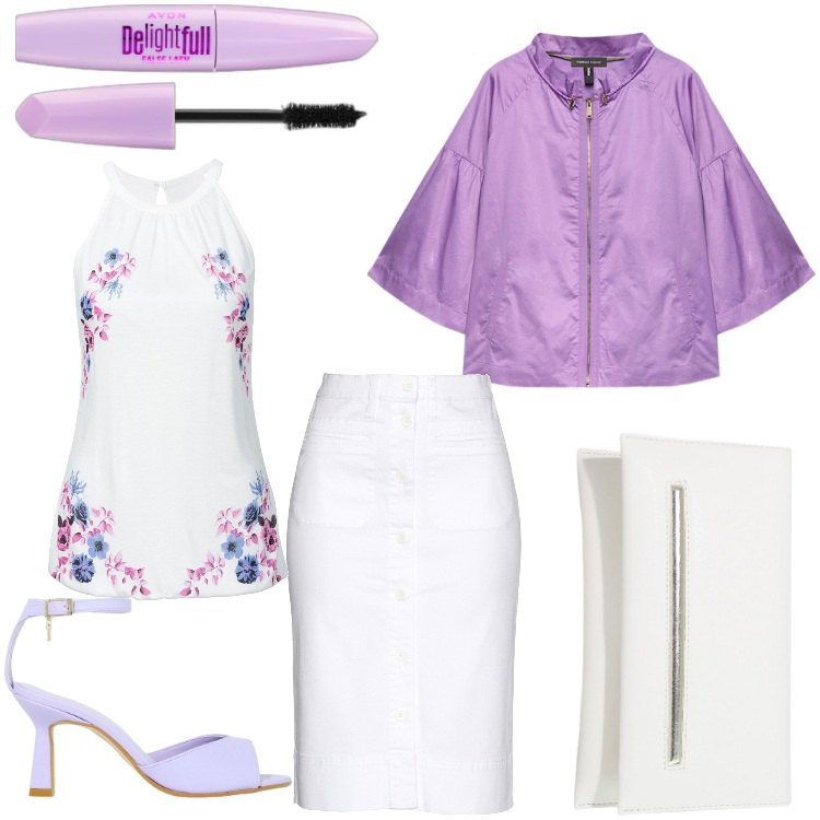 Outfit donna - Fiori di lilla´. Stile Chic per Serata fuori. Abbinamento con top, gonne, mascara, décolleté, pochette, blazer.