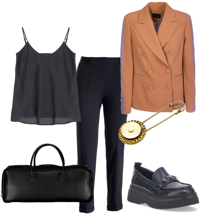 Outfit donna - La spilla. Stile Casual per Ufficio. Abbinamento con pantaloni chino, blazer, top, mocassini, borse a mano, anelli.
