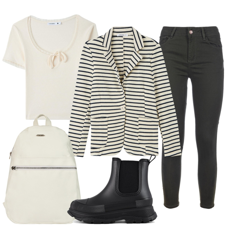 Outfit donna - Back to university. Stile Basic per Scuola/Università. Abbinamento con blazer, t-shirt, jeans skinny, zaini, stivali.