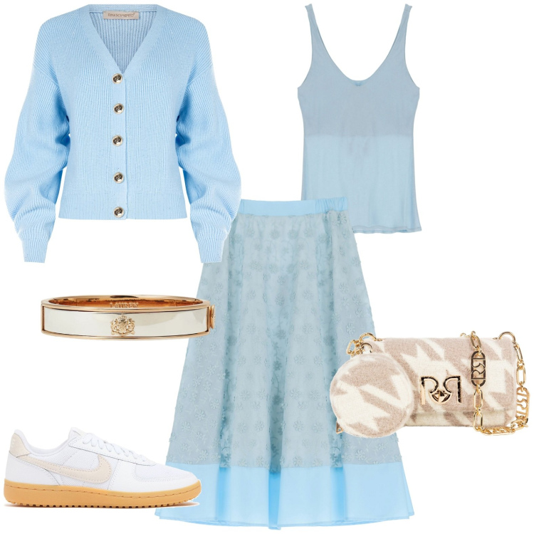 Outfit donna - Total look #1956224. Stile Casual chic per Tutti i giorni. Abbinamento con borse a tracolla, cardigans, gonne lunghe, canottiere, braccialetti, sneakers.