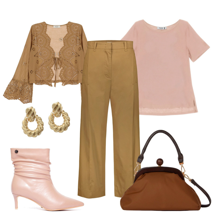 Outfit donna - Chic mood. Stile Chic per Tutti i giorni. Abbinamento con bluse, orecchini, t-shirt, stivaletti, clutch, pantaloni.