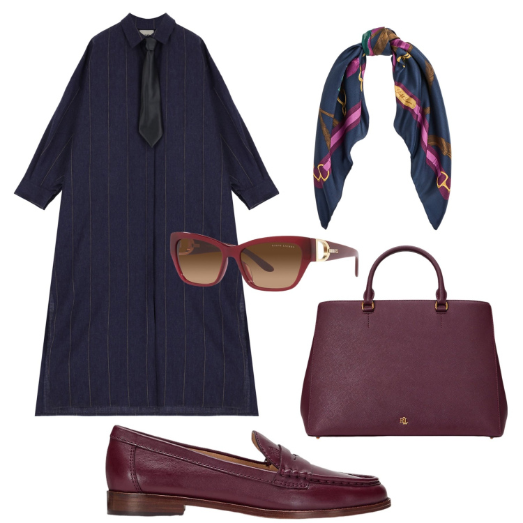 Outfit donna - Il vestito con la cravatta !. Stile Glamour per Ufficio. Abbinamento con vestiti lunghi, borse a mano, mocassini, occhiali da sole, foulard.