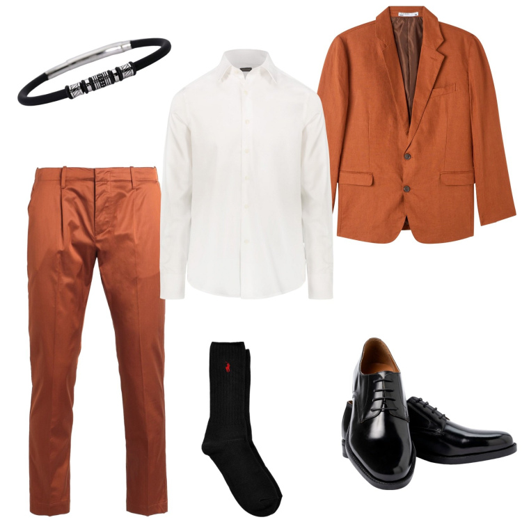 Outfit uomo - Il completo ruggine. Stile Business/Elegante per Ufficio. Abbinamento con pantaloni, giacche, braccialetti, calzini, scarpe stringate, camicie.