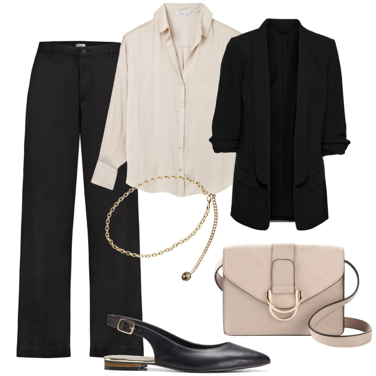 Outfit donna - Mannish con le ballerine chanel. Stile Mannish per Ufficio. Abbinamento con ballerine, blazer, borse a tracolla, camicie, collane, pantaloni.