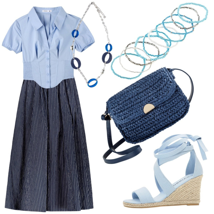 Outfit donna - Total look città. Stile Casual chic per Tutti i giorni. Abbinamento con braccialetti, sandali, borse a tracolla, camicie a manica corta, ciondoli, gonne.