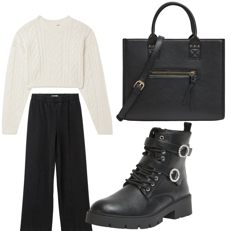 Outfit donna - Aperitivo. Stile Trendy per Tutti i giorni. Abbinamento con anfibi, pantaloni, shopping bag, maglieria.