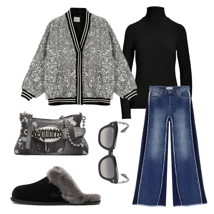Outfit donna - Casual glamour!!!. Stile Glamour per Serata fuori. Abbinamento con jeans, bomber, top, occhiali da sole, pochette, pantofole.