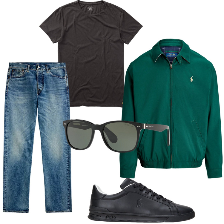 Outfit uomo - Jeans e giacca Ralph Lauren. Stile Casual per Tutti i giorni. Abbinamento con t-shirt, giacche, occhiali da sole, jeans dritti, sneakers.