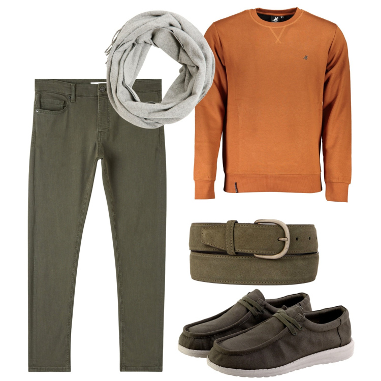 Outfit uomo - It\'s fall. Stile Casual per Tutti i giorni. Abbinamento con sciarpe, pantaloni skinny, felpe, scarpe stringate, cinture.