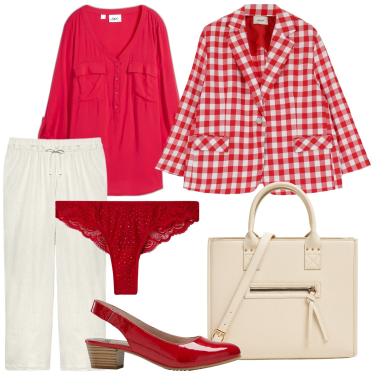 Outfit donna - La giacca di tessuto picnic. Stile Chic per Tutti i giorni. Abbinamento con bluse, décolleté, shopping bag, culotte, blazer, pantaloni.