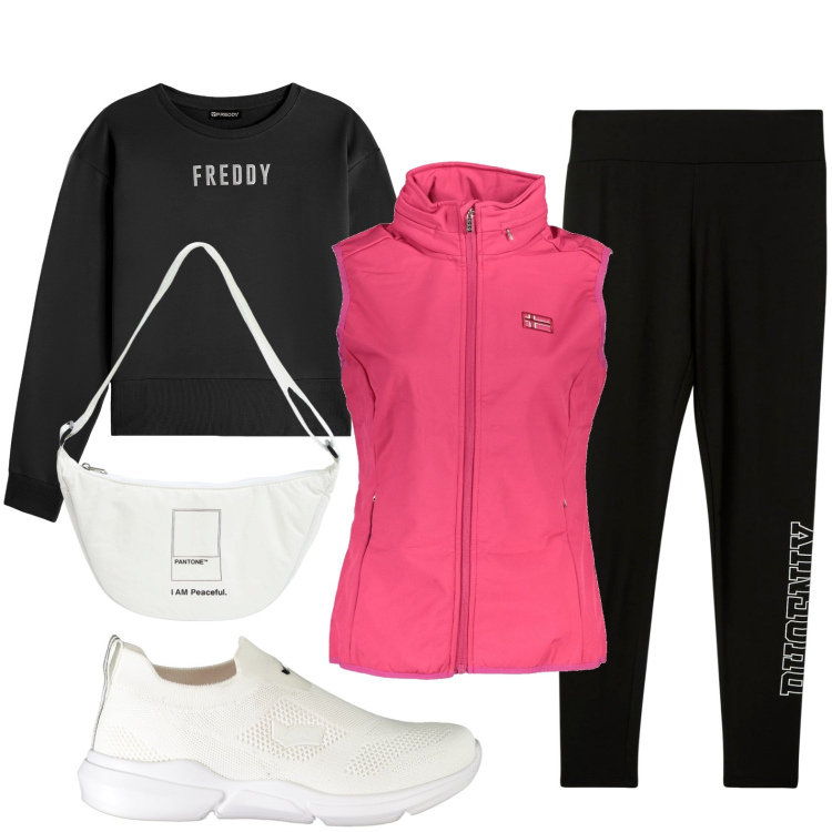 Outfit donna - Sportiva con smanicato rosa. Stile Sporty chic per Sport. Abbinamento con pantaloni sportivi, marsupi, felpe, sneakers, blazer.
