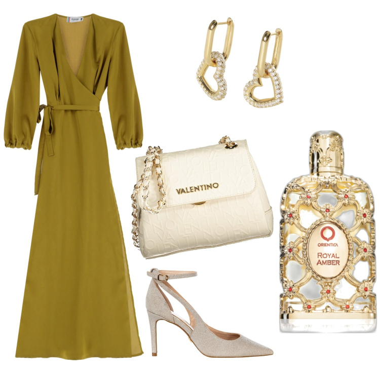 Outfit donna - Cerimonia a settembre. Stile Chic per Cerimonia. Abbinamento con profumi, orecchini, vestiti lunghi, décolleté, borse a spalla.