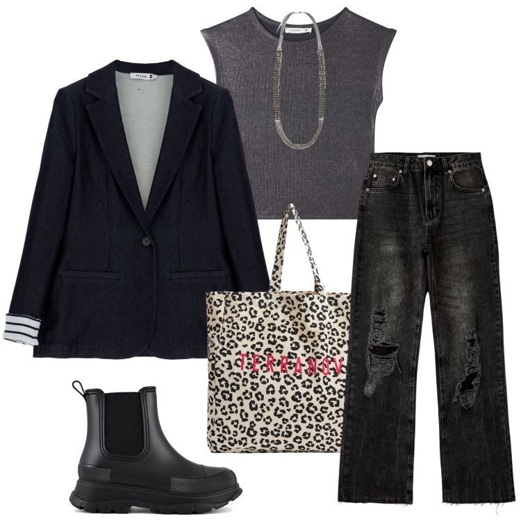 Outfit donna - Ritorno a scuola. Stile Casual per Scuola/Università. Abbinamento con t-shirt, jeans strappati, shopping bag, blazer, stivali, collane.