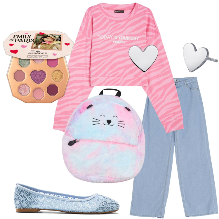 Outfit donna - Romantica a scuola. Stile Romantica per Scuola/Università. Abbinamento con ballerine, ombretti, zaini, orecchini, jeans, felpe.