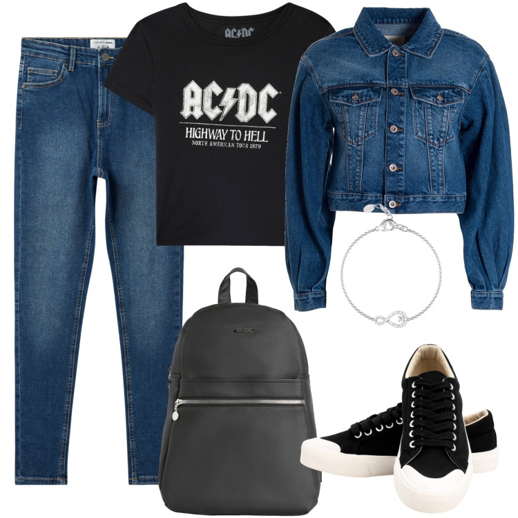 Outfit donna - Total look #1956350. Stile Basic per Scuola/Università. Abbinamento con t-shirt, jeans skinny, braccialetti, giacche, zaini, sneakers.