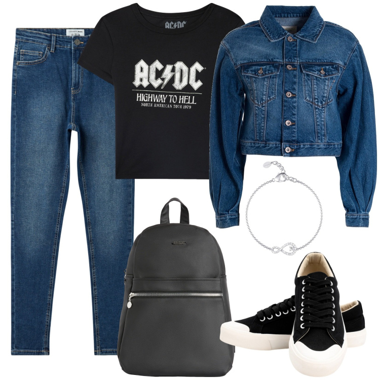 Outfit donna - Anima rock. Stile Basic per Scuola/Università. Abbinamento con jeans skinny, t-shirt, braccialetti, giacche, zaini, sneakers.