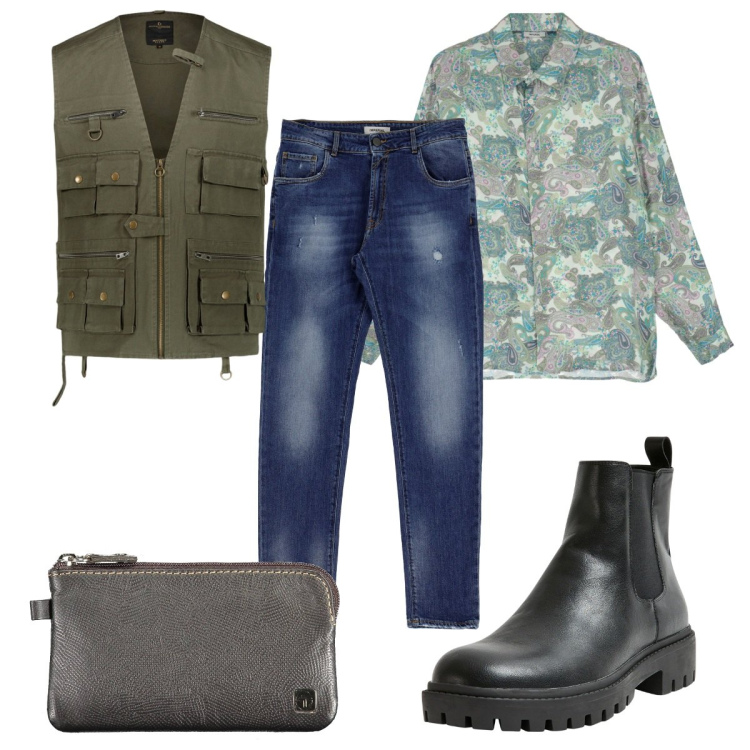 Outfit uomo - Total look #1956377. Stile Trendy per Tutti i giorni. Abbinamento con camicie, jeans slim fit, gilet, portafogli, stivali e stivaletti.