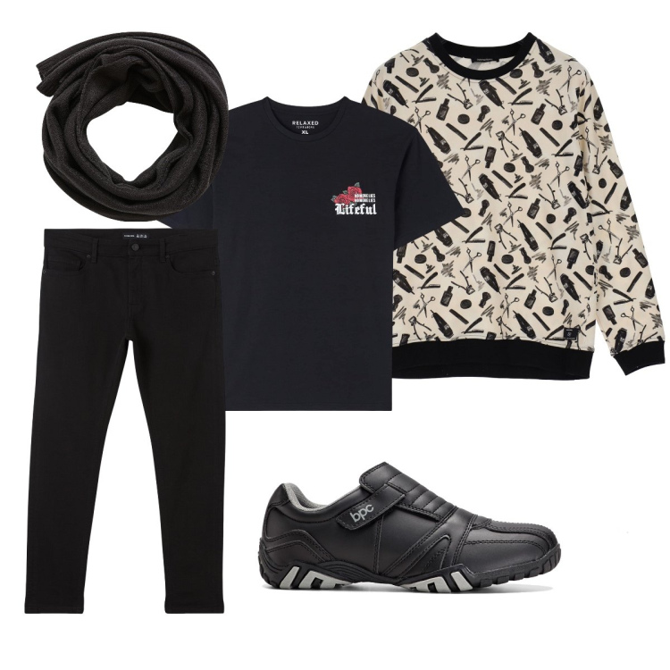 Outfit uomo - La sciarpa per le mattine fresche. Stile Casual per Tutti i giorni. Abbinamento con scarpe stringate, t-shirt, pantaloni skinny, sciarpe, felpe.