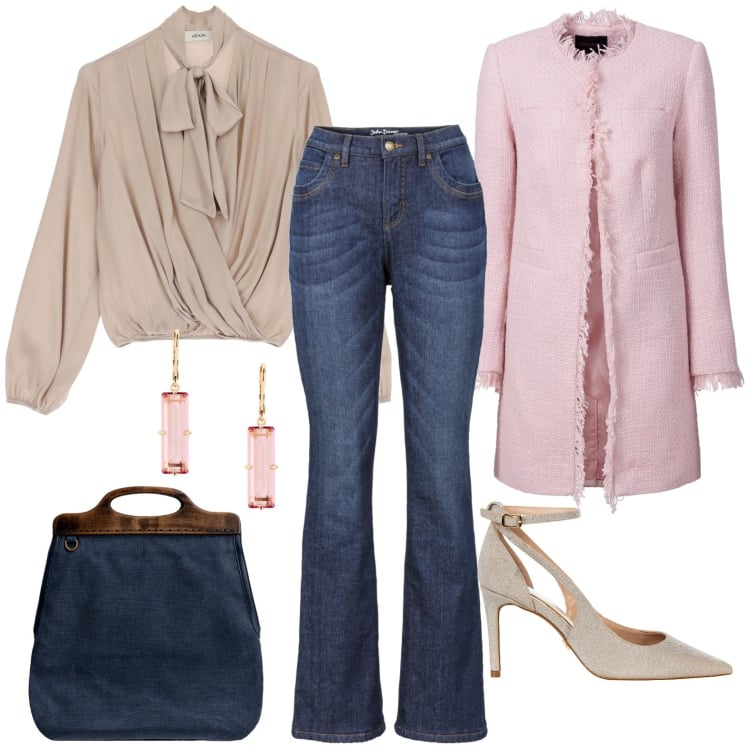 Outfit donna - Total look blue & pink. Stile Casual chic per Tutti i giorni. Abbinamento con jeans bootcut, blazer, camicie, décolleté, orecchini, borse a tracolla.