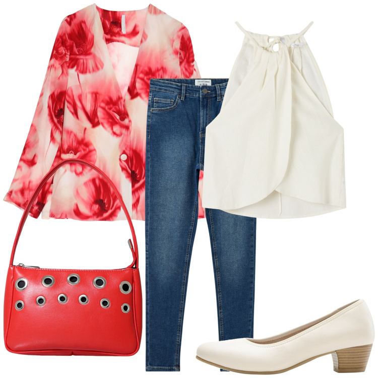 Outfit donna - Smorziamo con il jeans. Stile Casual chic per Ufficio. Abbinamento con décolleté, top, jeans skinny, blazer, borse a mano.