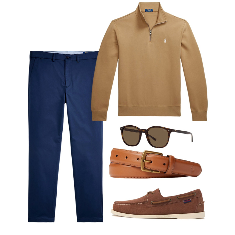 Outfit uomo - Prendersela comoda. Stile Casual per Tutti i giorni. Abbinamento con cinture, occhiali da sole, pantaloni chino, pullovers, scarpe stringate.