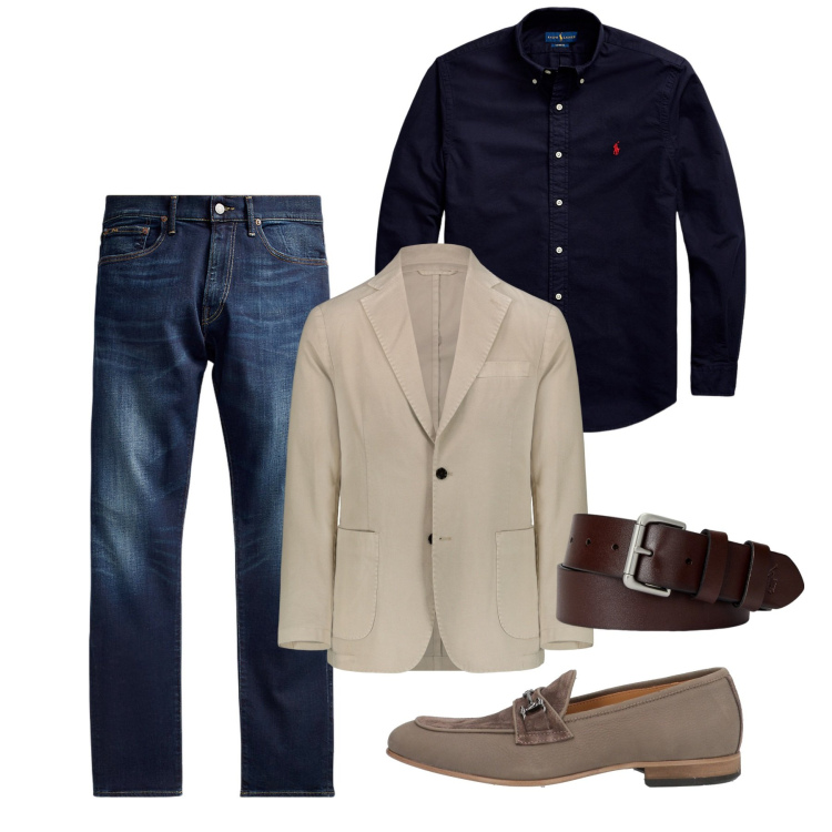 Outfit uomo - Spezzato sabbia e blu. Stile Casual per Tutti i giorni. Abbinamento con scarpe stringate, jeans, cinture, camicie, giacche.