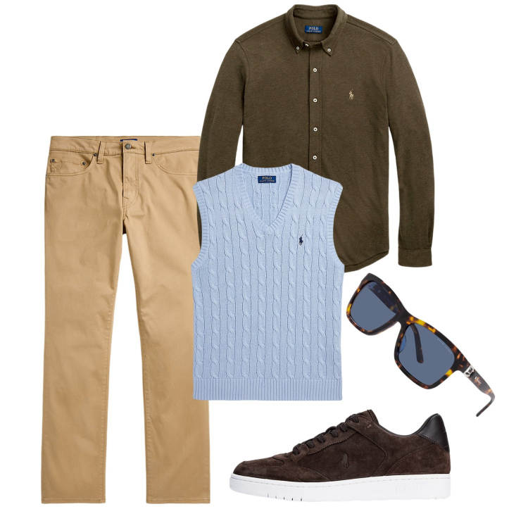 Outfit uomo - Cielo e caffè. Stile Trendy per Tutti i giorni. Abbinamento con camicie, maglieria, occhiali da sole, sneakers, pantaloni.