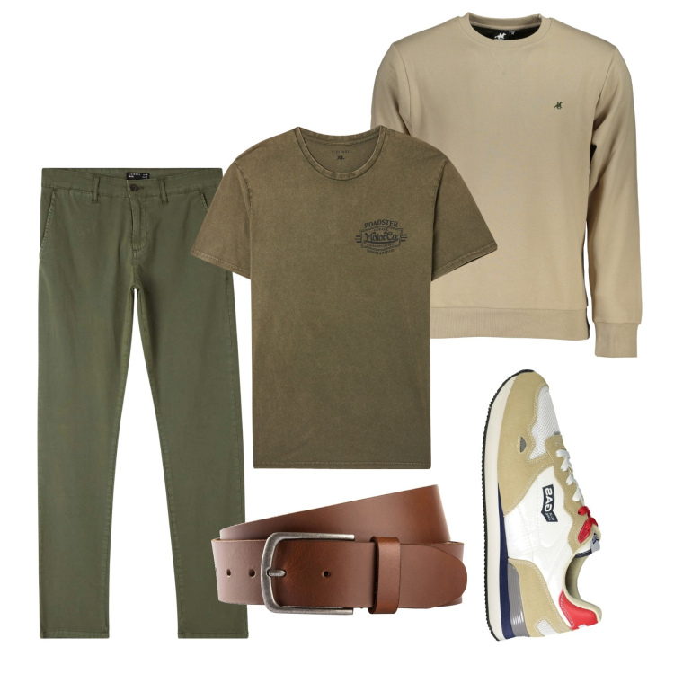 Outfit uomo - Muschio casual. Stile Casual per Tutti i giorni. Abbinamento con cinture, t-shirt, pantaloni chino, felpe, sneakers.