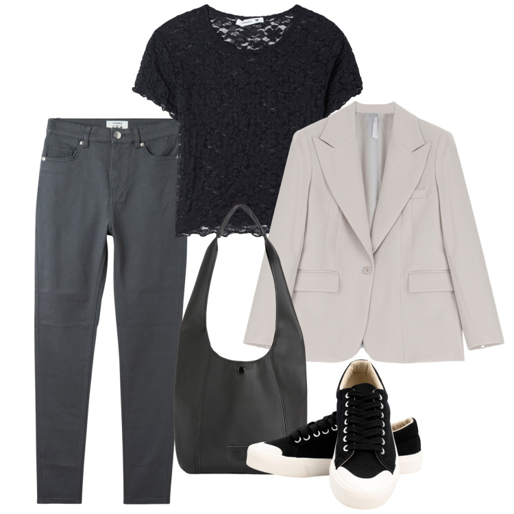 Outfit donna - Mannish lace. Stile Mannish per Tutti i giorni. Abbinamento con pantaloni skinny, t-shirt, blazer, borse a spalla, sneakers.