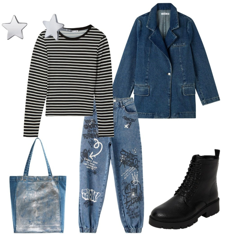 Outfit donna - A tutto denim. Stile Casual chic per Scuola/Università. Abbinamento con blazer, jeans, anfibi, maglieria, shopping bag, orecchini.