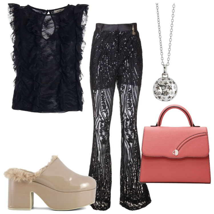 Outfit donna - I pantaloni a palazzo sono sexy. Stile Sexy per Serata fuori. Abbinamento con ciondoli, top, pantaloni a palazzo, sabot, borse a mano.