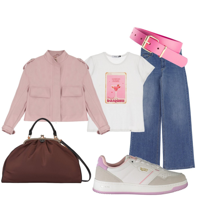 Outfit donna - Casual per tutta la giornata. Stile Casual per Tutti i giorni. Abbinamento con cinture, jeans, t-shirt, blazer, sneakers, borse a spalla.