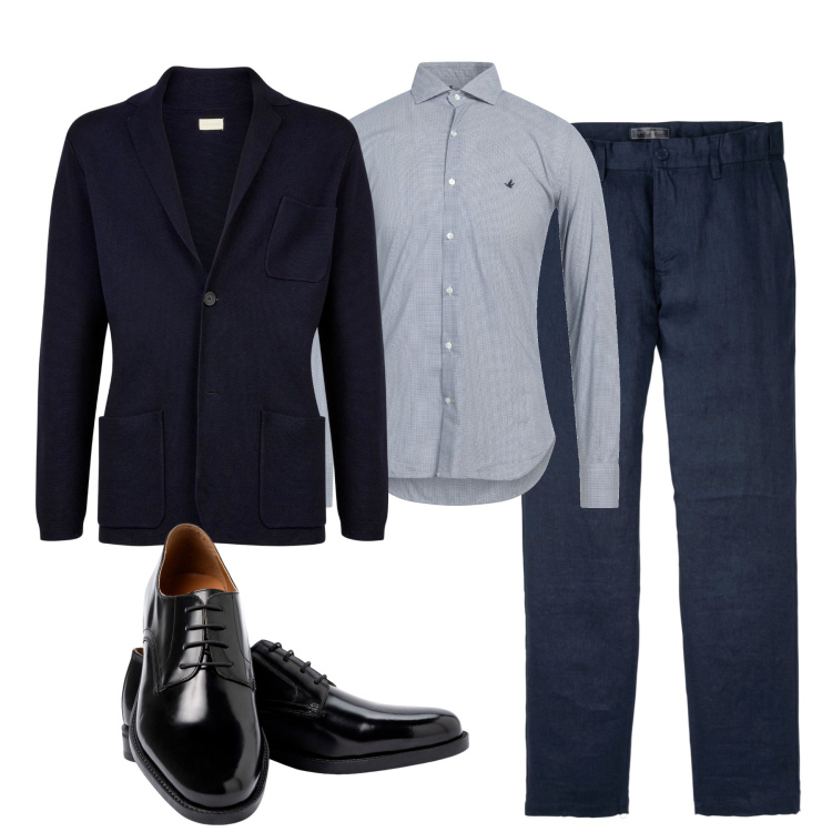Outfit uomo - City. Stile Trendy per Tutti i giorni. Abbinamento con pantaloni, camicie, cardigans, scarpe stringate.
