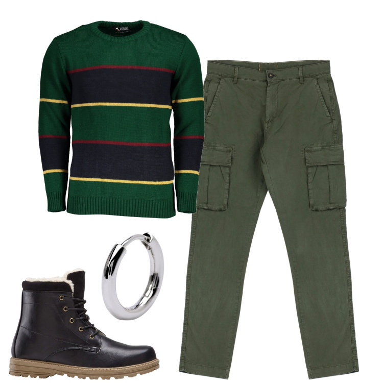 Outfit uomo - City. Stile Casual per Tutti i giorni. Abbinamento con stivali e stivaletti, orecchini, pantaloni cargo, maglieria.