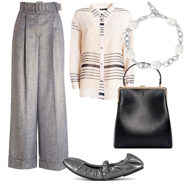Outfit donna - Pantaloni palazzo in ufficio. Stile Bon Ton per Ufficio. Abbinamento con braccialetti, camicie, pantaloni a palazzo, ballerine, borse a spalla.