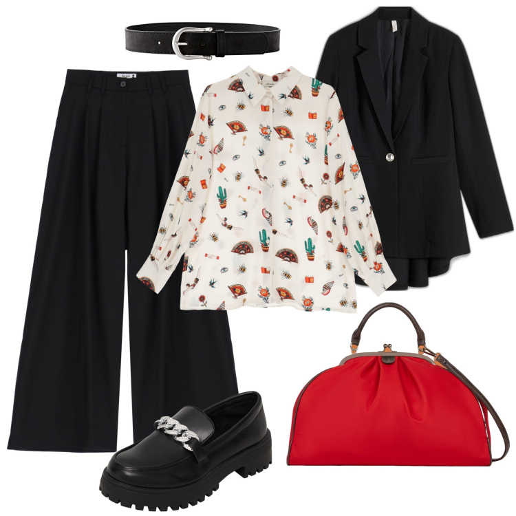 Outfit donna - La borsa rossa vintage in ufficio. Stile Glamour per Ufficio. Abbinamento con cinture, blazer, mocassini, pantaloni a palazzo, camicie, borse a spalla.