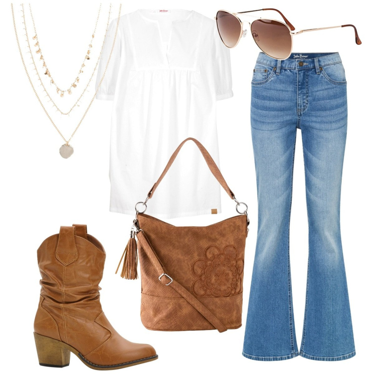 Outfit donna - Rientro boho. Stile Boho per Tutti i giorni. Abbinamento con jeans a zampa, borse a mano, bluse, stivaletti texani, collane, occhiali da sole.