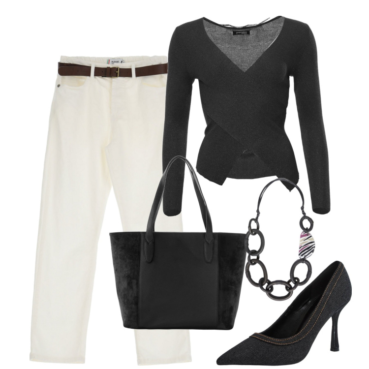 Outfit donna - Settembre. Stile Casual chic per Tutti i giorni. Abbinamento con shopping bag, décolleté, maglieria, pantaloni, collane.