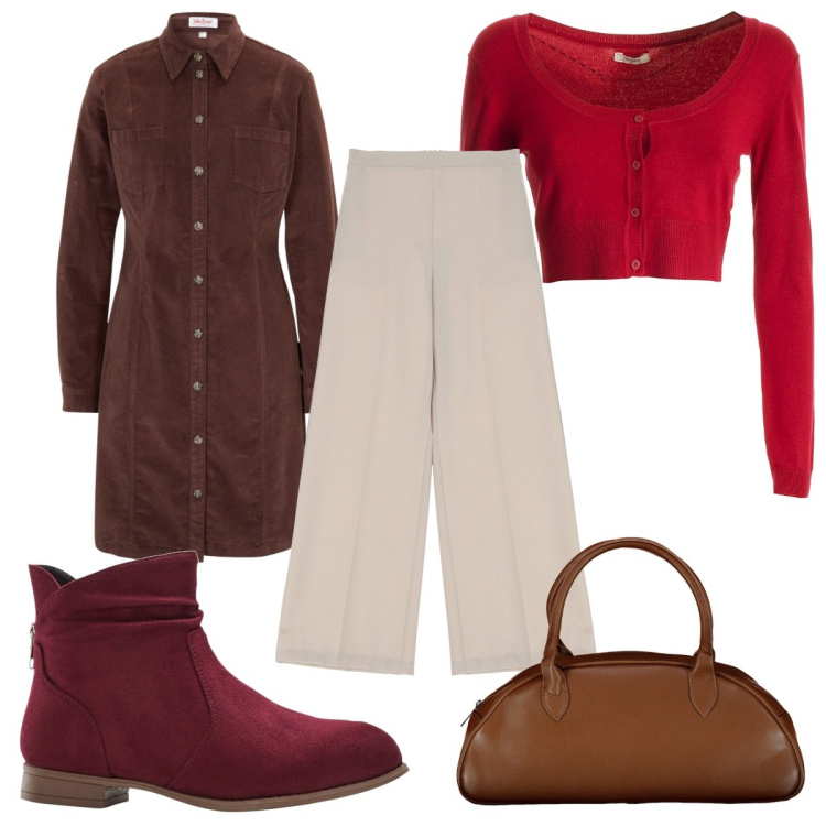 Outfit donna - Total look #1956567. Stile Trendy per Tutti i giorni. Abbinamento con vestiti, stivaletti, pantaloni a palazzo, cardigans, borse a spalla.