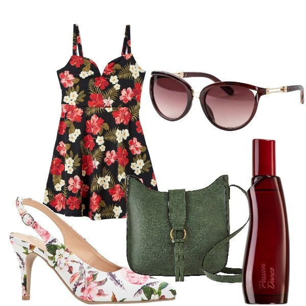 Outfit donna - New Boho chic. Stile Boho per Tutti i giorni. Abbinamento con occhiali da sole, borse a tracolla, décolleté, profumi, vestiti midi/longuette.
