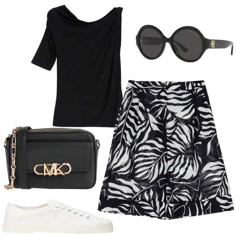 Outfit donna - Settembre. Stile Casual chic per Tutti i giorni. Abbinamento con borse a tracolla, bermuda, top, sneakers, occhiali da sole.